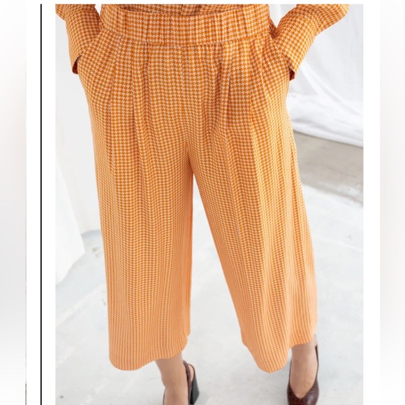 & Other Stories wide legged high waisted silky pants orange houndstooth US 6 - Picture 3 of 8